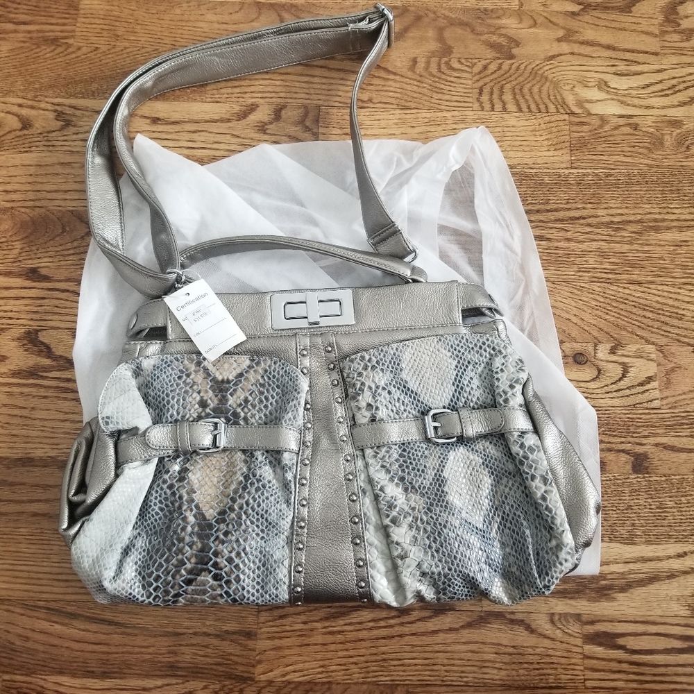 NWT LAVISH Handbag with Dust Cover Reptile Faux Leather Quiet Luxury Metallic